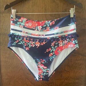 Cocoship Floral High-Waisted Bikini Bottom - Navy and Red **NEW**